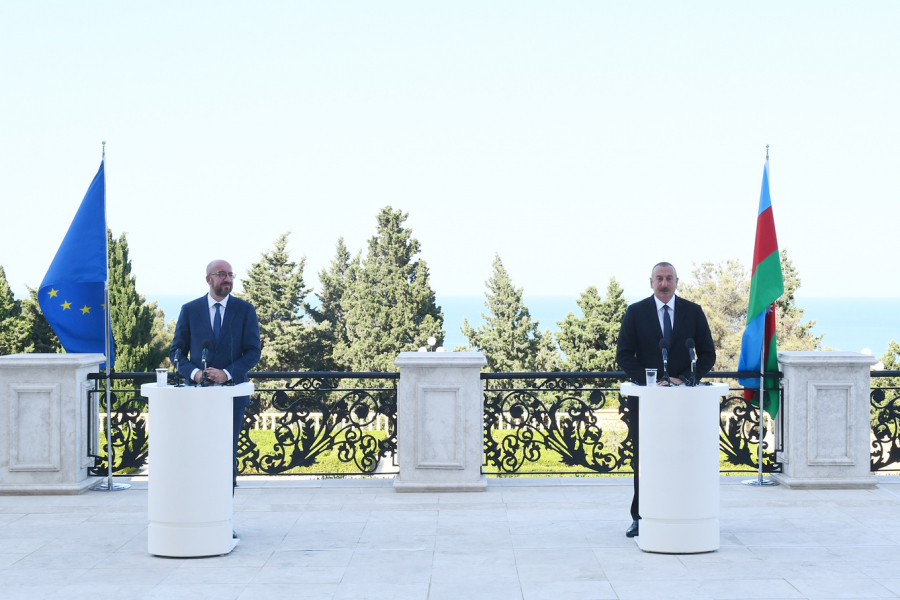 The president of the European Council, Charles Michel, and the president of Azerbaijan, Ilham Aliyev, give a press conference in Baku